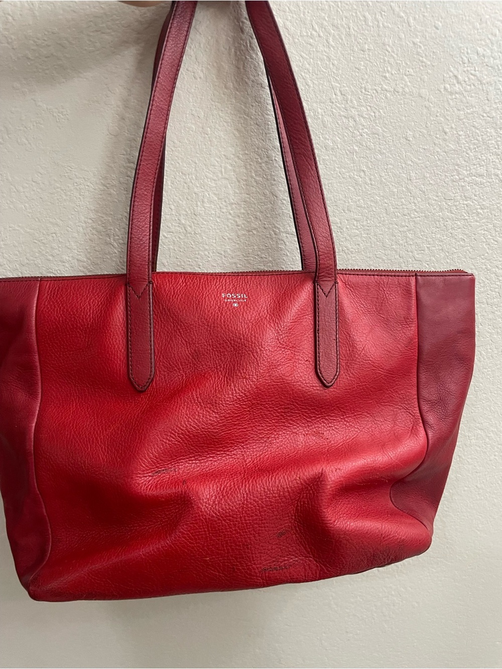 Fossil Red Leather Tote with Dark Red Accent